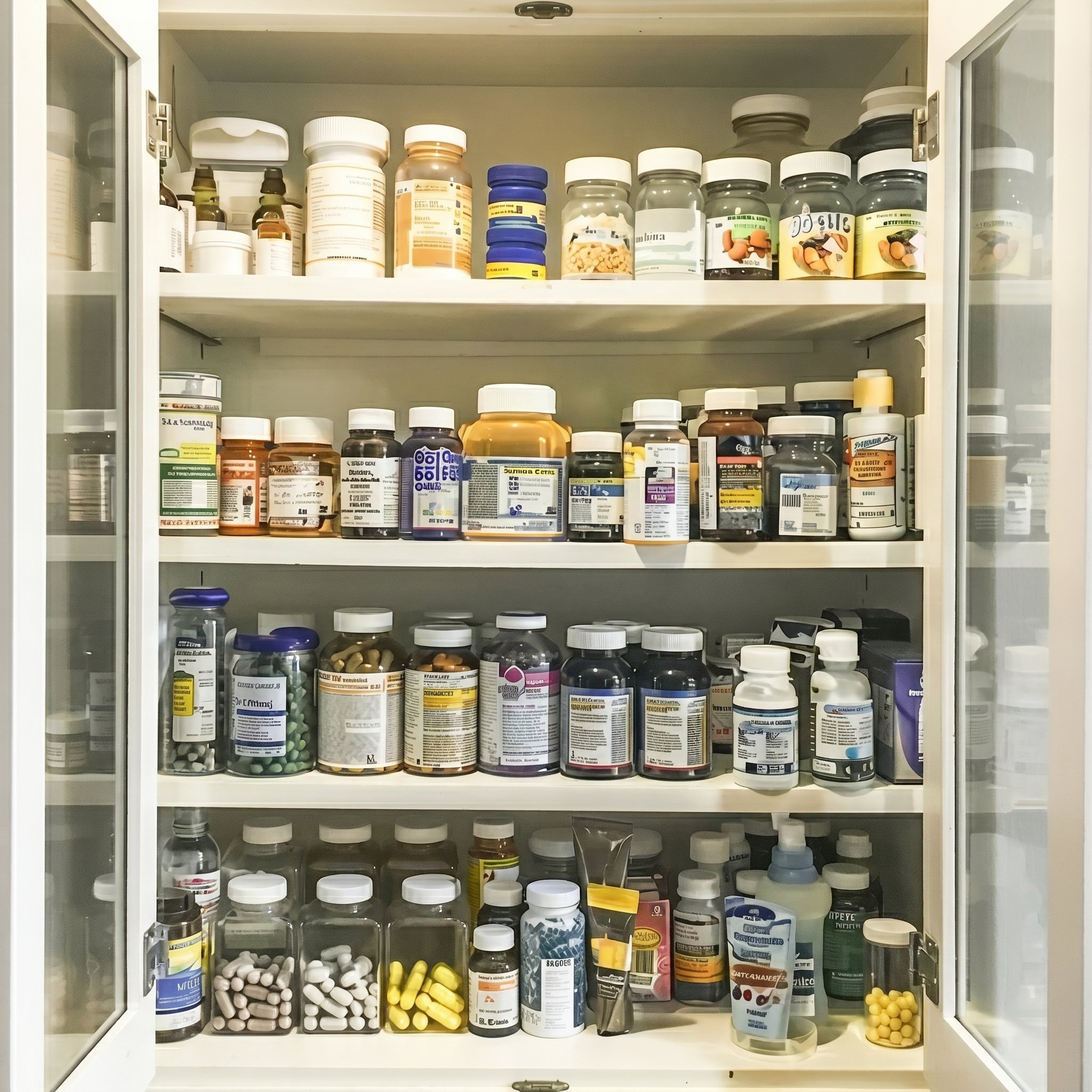 A medicine cabinet packed shelf-to-shelf with supplement bottles