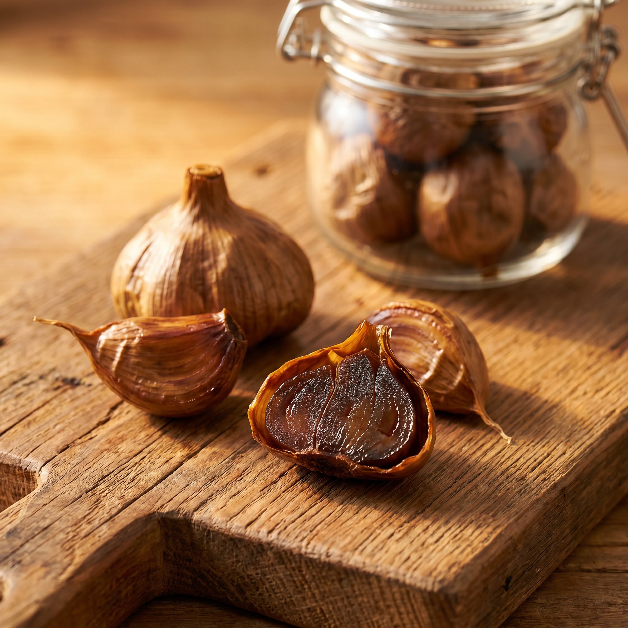 Dark aged garlic cloves on a wooden cutting board, with a glass jar of aged garlic behind