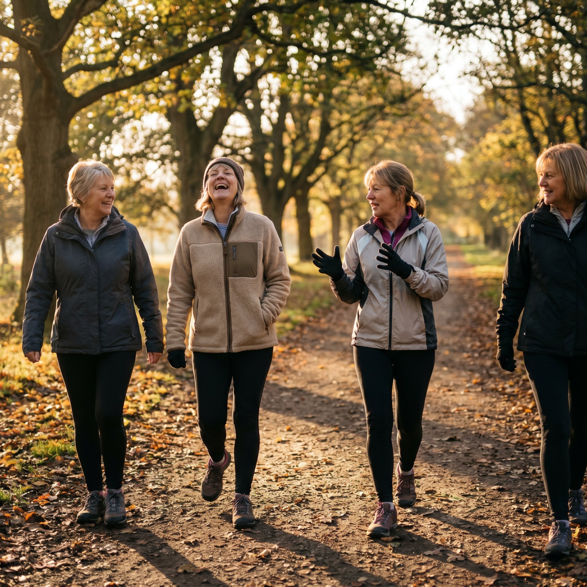 Four women in their late 50s and 60s walking together on a tree-lined path in autumn golden-hour light