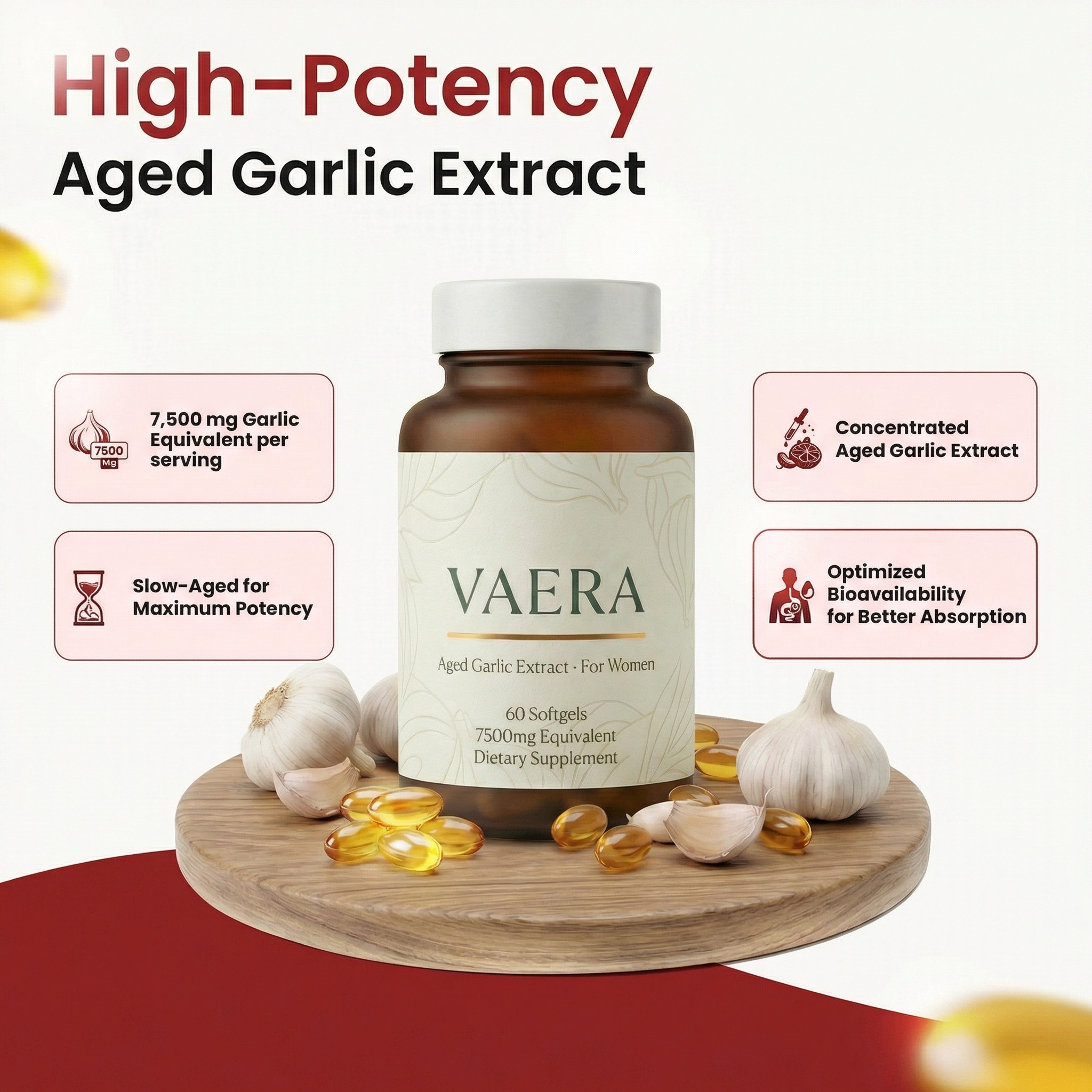 Vaera Aged Garlic Extract bottle — 7500mg equivalent, 60 softgels, slow-aged for maximum potency