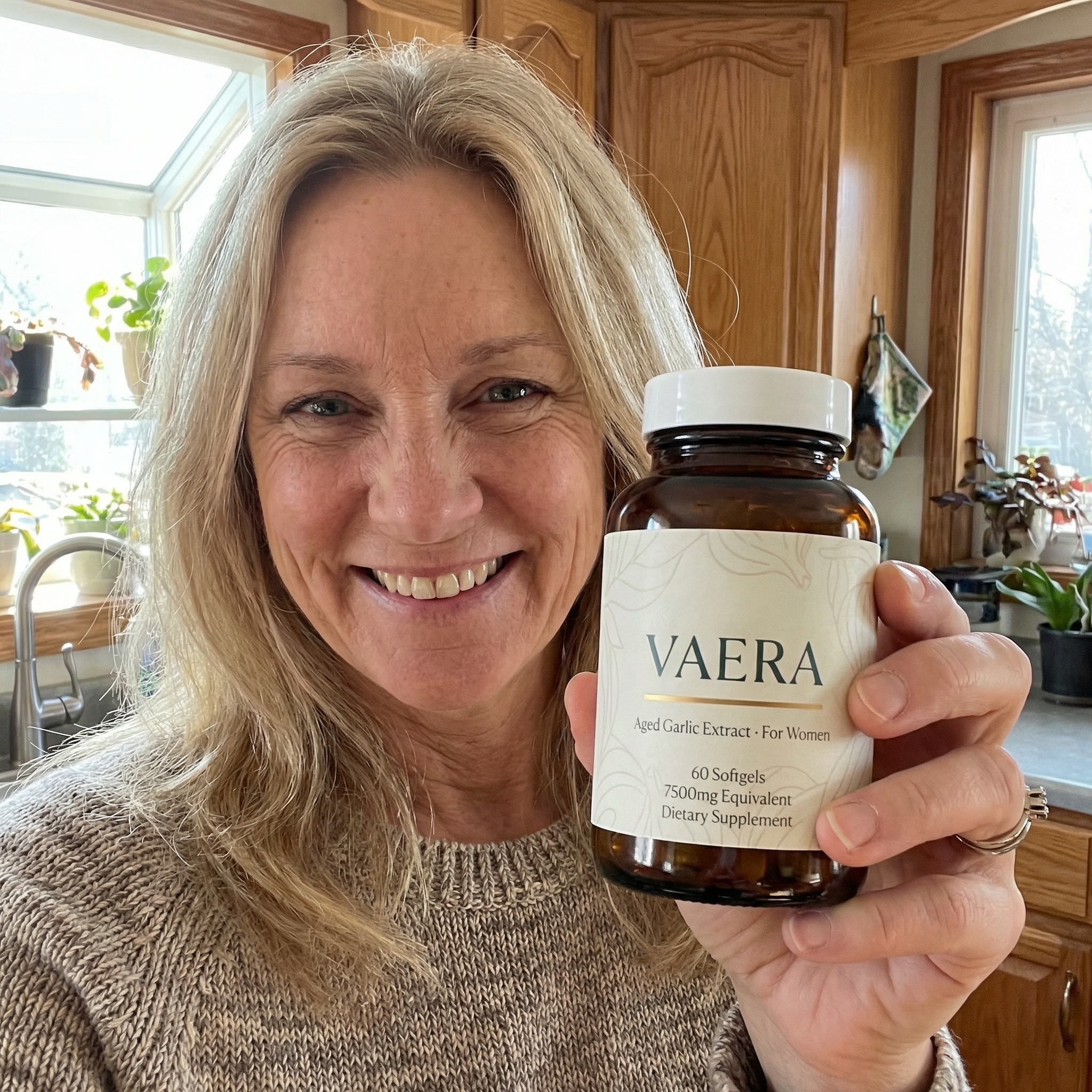 Woman smiling in her kitchen, holding a Vaera Aged Garlic Extract bottle